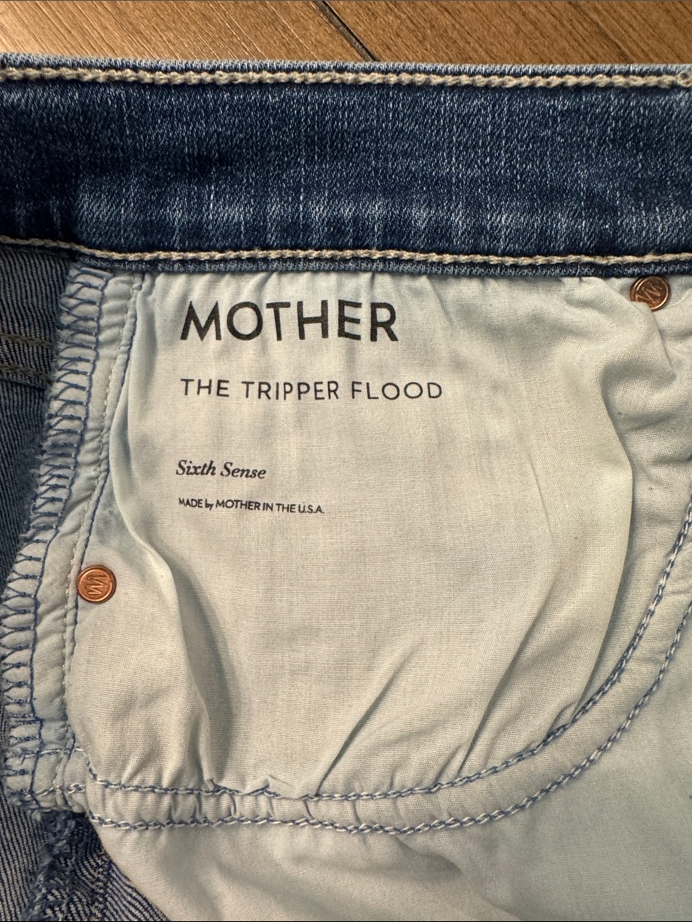 MOTHER Medium Blue Denim Jeans with Back Pocket 'M' Stitch - Picture 3 of 6